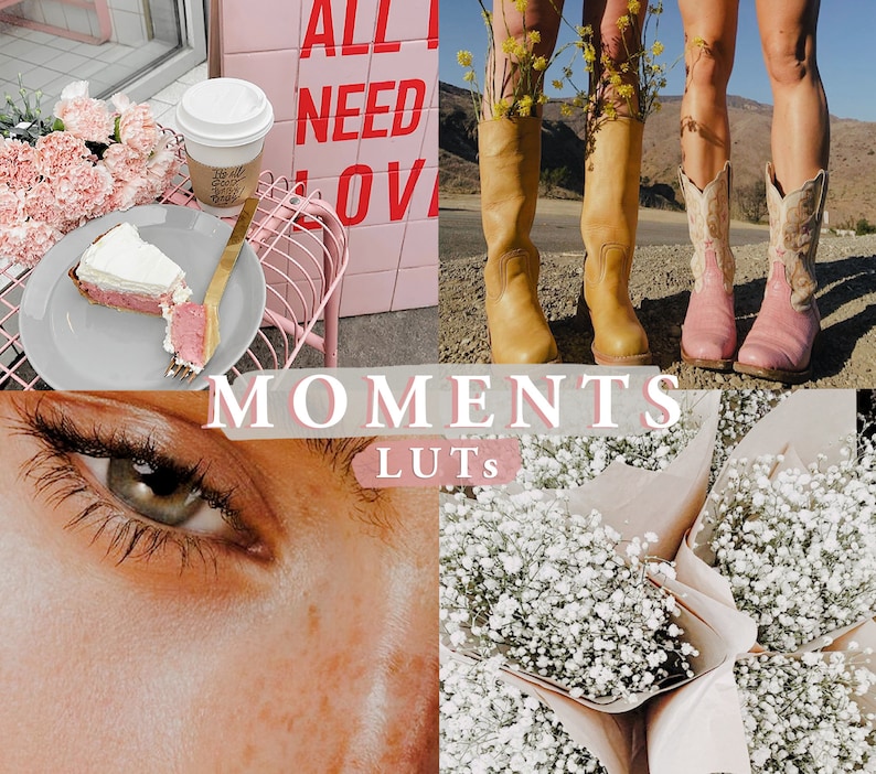 May include: A collage of images featuring a pink and white cake slice, a cup of coffee, a pink sign with the text "ALL I NEED IS LOVE", a pair of brown cowboy boots, and a bouquet of white baby's breath flowers. The text "MOMENTS LUTS" is superimposed on the image.