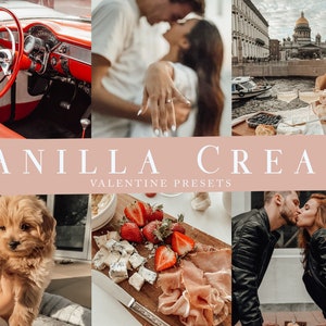 May include: A collage of images featuring a red car interior, a couple holding hands, a city scene with a church, a plate of food with strawberries and cheese, a couple kissing, and a puppy.