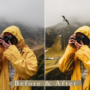 Puede incluir: Una persona con un impermeable amarillo est&aacute; tomando una foto con una c&aacute;mara. La persona est&aacute; de pie frente a una monta&ntilde;a con un p&aacute;jaro volando por encima.