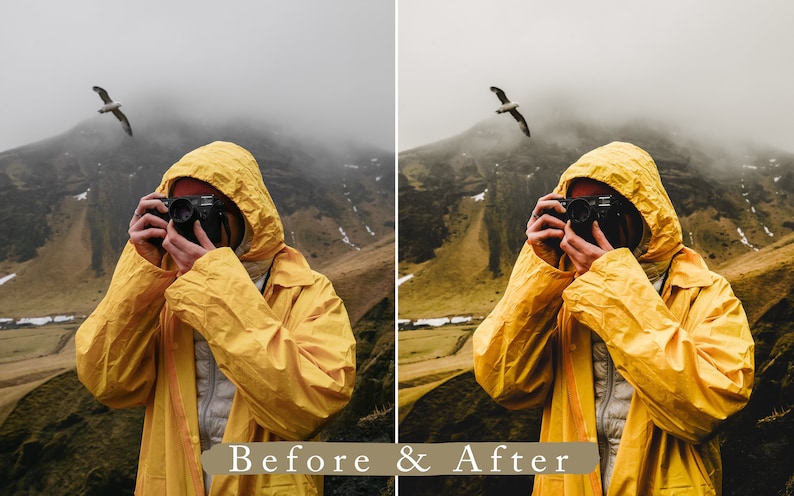Puede incluir: Una persona con un impermeable amarillo est&aacute; tomando una foto con una c&aacute;mara. La persona est&aacute; de pie frente a una monta&ntilde;a con un p&aacute;jaro volando por encima.