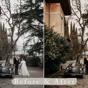 May include: A black and white wedding photo of a couple standing in front of a vintage car. The couple is holding hands and smiling. The car is parked in front of a building with a large tree in the background.