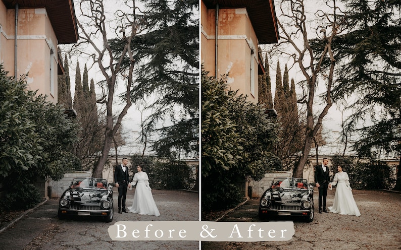 May include: A black and white wedding photo of a couple standing in front of a vintage car. The couple is holding hands and smiling. The car is parked in front of a building with a large tree in the background.