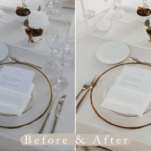 May include: A before and after image showing the difference in lighting and color correction. The image shows a table setting with a white tablecloth, gold rimmed glass plates, white napkins, silverware, and two clear glasses. The image on the left is before editing and the image on the right is after editing.