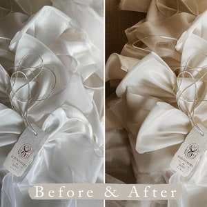May include: Two images showing a white satin ribbon bow with a small paper tag that says "SOUVENIRS DE KYOTO" in a light brown font. The image on the left is before editing and the image on the right is after editing. The image on the right has a warmer tone.