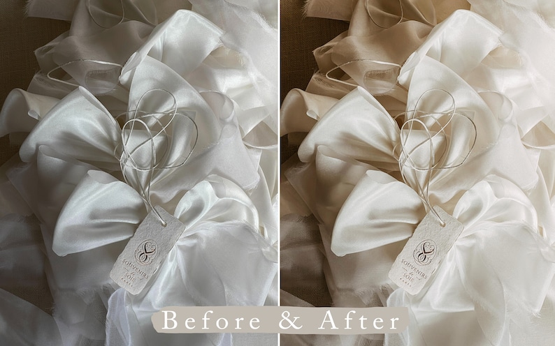 May include: Two images showing a white satin ribbon bow with a small paper tag that says "SOUVENIRS DE KYOTO" in a light brown font. The image on the left is before editing and the image on the right is after editing. The image on the right has a warmer tone.