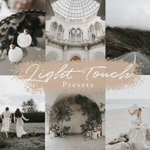May include: A collage of images showcasing a variety of settings, including a white building with a dome, a road winding through a mountain landscape, a couple walking in a field, a white archway with greenery, and a woman sitting on a rock by the ocean. The text "Light-Touch Presets" is superimposed on the images.