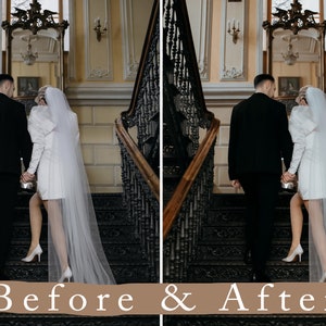 May include: A bride and groom in formal attire walking down a grand staircase in a vintage building. The bride is wearing a white dress and veil, and the groom is wearing a black suit. The staircase is made of dark wood and has ornate iron railings.
