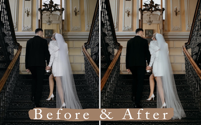 May include: A bride and groom in formal attire walking down a grand staircase in a vintage building. The bride is wearing a white dress and veil, and the groom is wearing a black suit. The staircase is made of dark wood and has ornate iron railings.