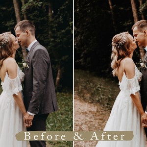Pode incluir: Uma noiva e um noivo em um cen&aacute;rio de floresta, a noiva est&aacute; usando um vestido branco com detalhes em renda e o noivo est&aacute; usando um terno cinza. O casal est&aacute; olhando um para o outro e sorrindo.
