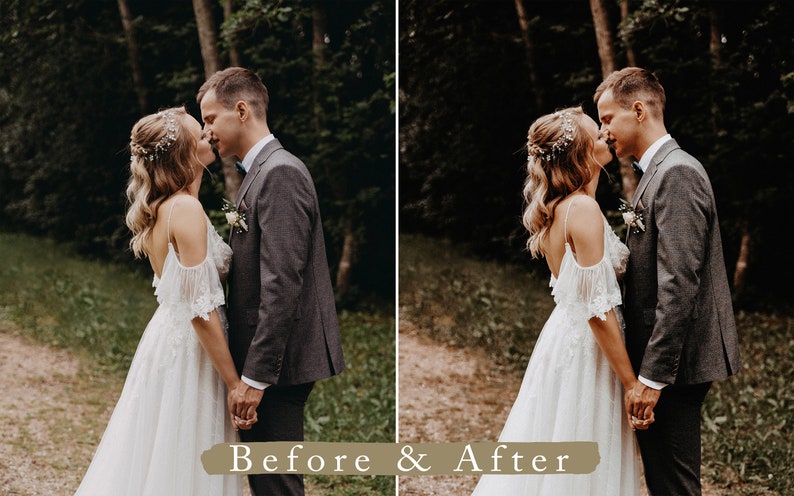 Pode incluir: Uma noiva e um noivo em um cen&aacute;rio de floresta, a noiva est&aacute; usando um vestido branco com detalhes em renda e o noivo est&aacute; usando um terno cinza. O casal est&aacute; olhando um para o outro e sorrindo.