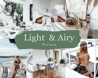 May include: A collage of images showcasing a light and airy aesthetic. The images feature a white bedroom with a woman lying on a bed, a white living room with a table and chairs, a white yacht with a woman sitting on the deck, and a white room with a window and a woman standing in front of it. The text "Light & Airy Presets" is displayed in a green box.