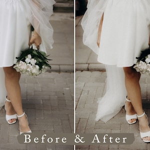 May include: A bride wearing a white dress and veil, holding a bouquet of white flowers. The bride is standing on a brick path.