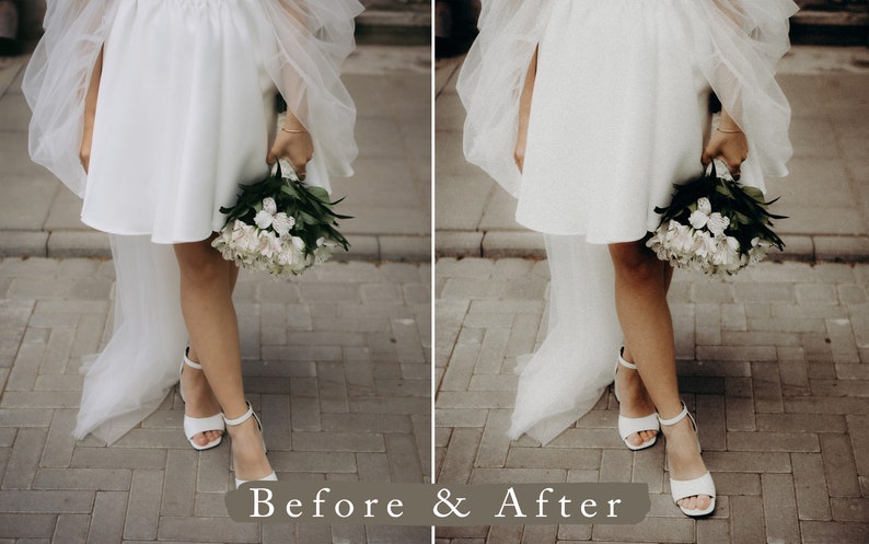 May include: A bride wearing a white dress and veil, holding a bouquet of white flowers. The bride is standing on a brick path.