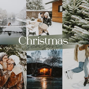May include: A collage of wintery images featuring a couple in a snowy forest, a cabin with a lit window, a couple embracing, and a person ice skating. The text "Christmas season presets" is displayed in the center of the collage.