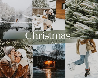 May include: A collage of wintery images featuring a couple in a snowy forest, a cabin with a lit window, a couple embracing, and a person ice skating. The text "Christmas season presets" is displayed in the center of the collage.