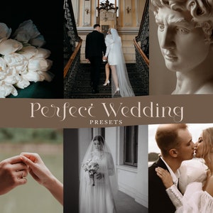 Puede incluir: Una colección de ajustes preestablecidos de fotografía de boda para la edición digital. Los ajustes preestablecidos están diseñados para mejorar los colores y los tonos de las fotos de boda, creando un aspecto romántico y atemporal. Los ajustes preestablecidos se llaman "Perfect Wedding Presets".