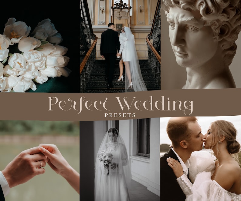 May include: A collection of wedding photography presets for digital editing. The presets are designed to enhance the colors and tones of wedding photos, creating a romantic and timeless look. The presets are named "Perfect Wedding Presets".