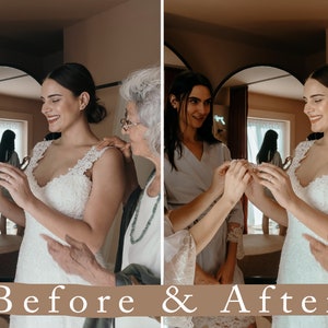 May include: Two women help a bride put on a necklace. The bride is wearing a white lace wedding dress and smiling. The women are wearing light-colored robes.