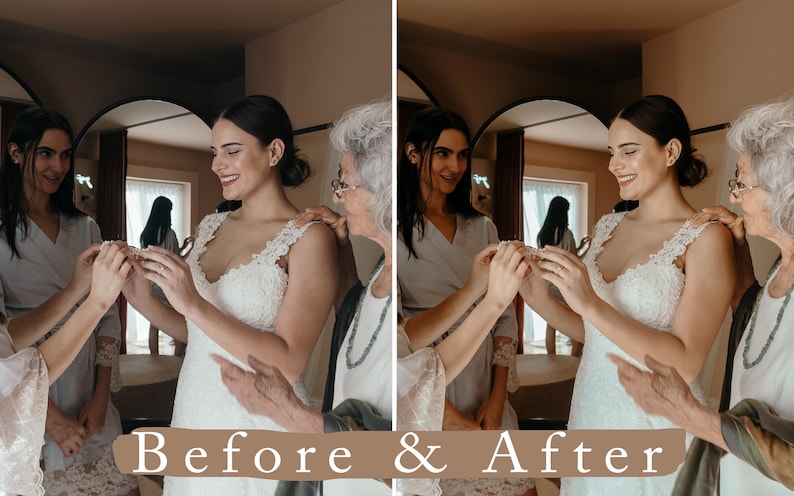 May include: Two women help a bride put on a necklace. The bride is wearing a white lace wedding dress and smiling. The women are wearing light-colored robes.