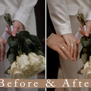 May include: A close-up of two hands with wedding rings, holding a bouquet of white roses with green leaves. The image shows a before and after effect, with the right side of the image showing a more vibrant and brighter color palette.