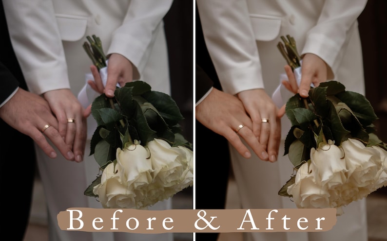 May include: A close-up of two hands with wedding rings, holding a bouquet of white roses with green leaves. The image shows a before and after effect, with the right side of the image showing a more vibrant and brighter color palette.