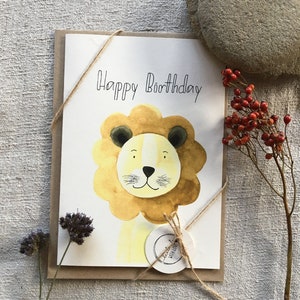Biglietto pieghevole A5, biglietto dipinto a mano con acquerello, biglietto, regalo, biglietto di auguri, leone, acquerello, busta, biglietto d'auguri, handlettering, biglietto