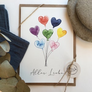 A5/A6 vouwkaart, handgeschilderde aquarelkaart, kaart, cadeau, kaart, liefde, ballon, aquarel, wenskaart, handlettering, kaart