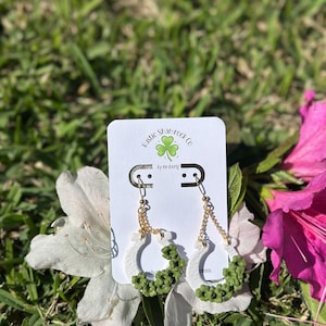 Horseshoe shamrock earrings, dangle earrings, St Patrick’s Day dangles, polymer clay earrings, Lucky earrings