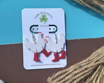 Chicken earrings, Chicken in boots, Chicken and boots Earrings, Chicken lover, Clay Earrings, Handmade Earrings