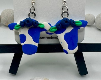 Cow earrings, blueberry earrings, clay earrings, handmade earrings, blueberry jewelry, cow jewelry, fruit earrings, fruit cows