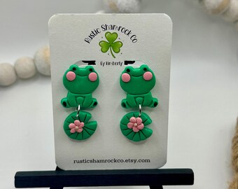 Cute Frog earrings, Frog Earrings, Polymer Clay earrings, handmade earrings, handmade gifts, Lily Pad Earrings