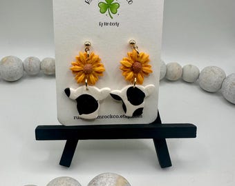 cow print earrings, cow and sunflower, cow earrings, sunflower earrings, clay earrings