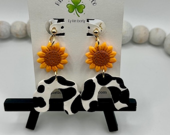 cow print earrings, cow and sunflower, arch earrings, sunflower earrings, clay earrings, scalloped earrings