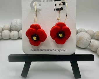 Poppy Flowers, Poppy Earrings, Remembrance Jewelry, Flower Jewelry, Flower Earrings, Hoop Earrings