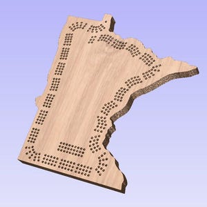 May include: A wooden cutout of the state of Minnesota with holes drilled in the shape of the state's outline. The holes are arranged in a pattern that resembles a game board.