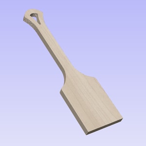 May include: A wooden spatula with a unique, curved handle. The spatula is light brown and has a smooth, flat surface.