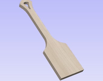 May include: A wooden spatula with a unique, curved handle. The spatula is light brown and has a smooth, flat surface.