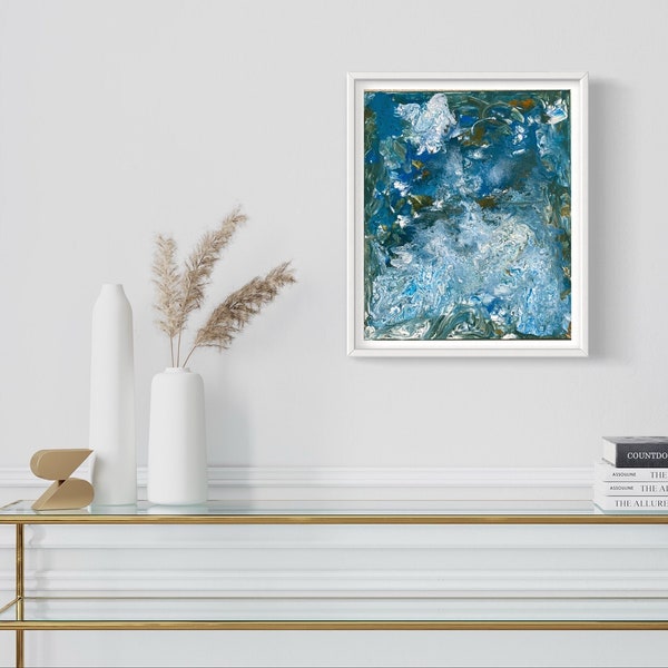 Tableau contemporain tons bleus couleurs douces pour cette toile unique "Le souffle des éléments" fait en France