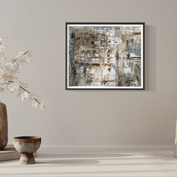 Contemporary painting in warm brown and gray tones BACK IN TOWN