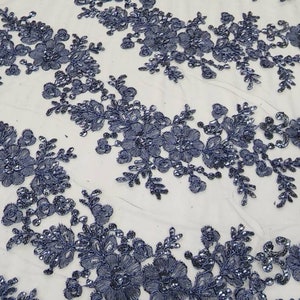 NAVY Polyester Floral Embroidery With Sequins on Mesh Lace Fabric by ...