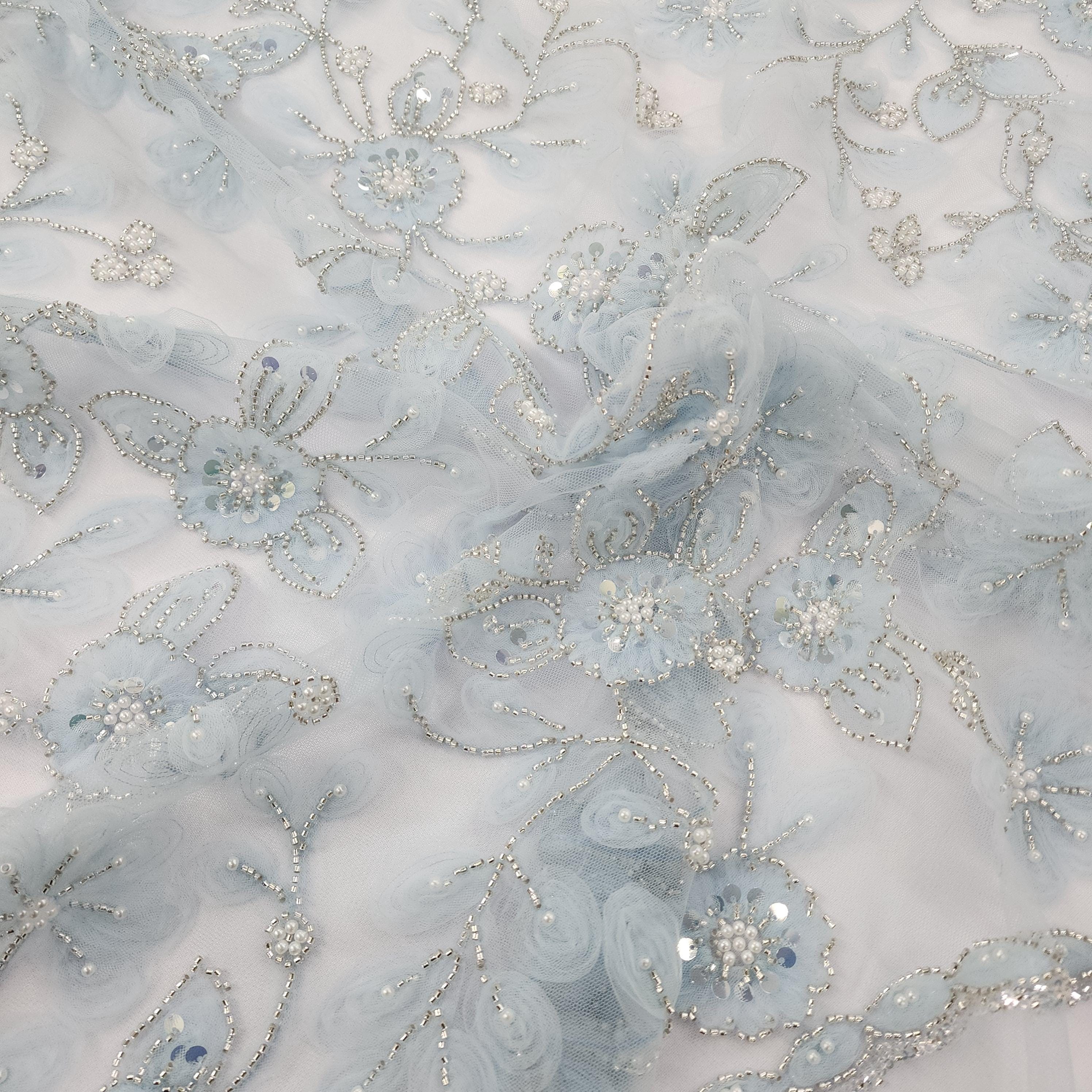SKY Blue Floral Embroidery with Beads and Sequins on Mesh Lace Fabric by the Yard For Bridal, Bridesmaid, Appliqué, Couture - STYLE 075
