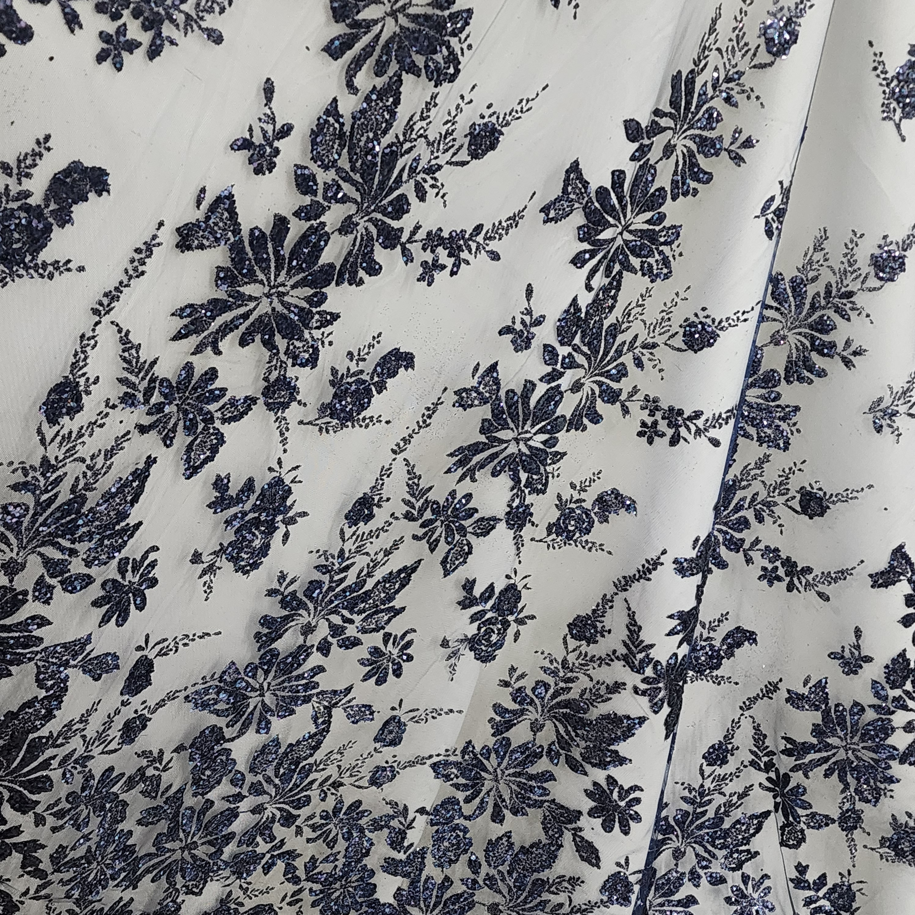 Navy Blue Floral Glitter Sparkle Design on Mesh Lace Fabric by the Yard ...