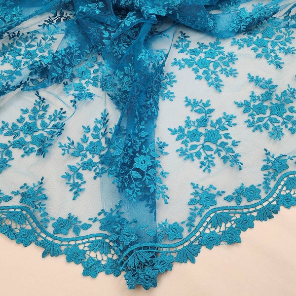 Turquoise Embroidery Floral on Mesh Lace Fabric By The Yard For Evening - Party - Dress - Gown - Wedding - Prom - Bridesmaid - STYLE 215
