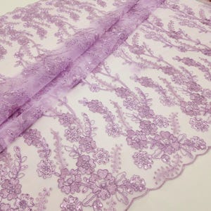 Light Lilac Polyester Floral Embroidery with Sequins on Mesh Lace Fabric by the Yard for Gown- Wedding- Bridesmaid- Prom- Decor- STYLE 175