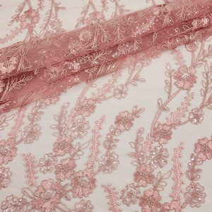 Ricamo floreale in poliestere rosa polveroso con paillettes su tessuto di pizzo a rete tagliato su misura per abito - matrimonio - damigella d&#39;onore - ballo di fine anno - STILE 175