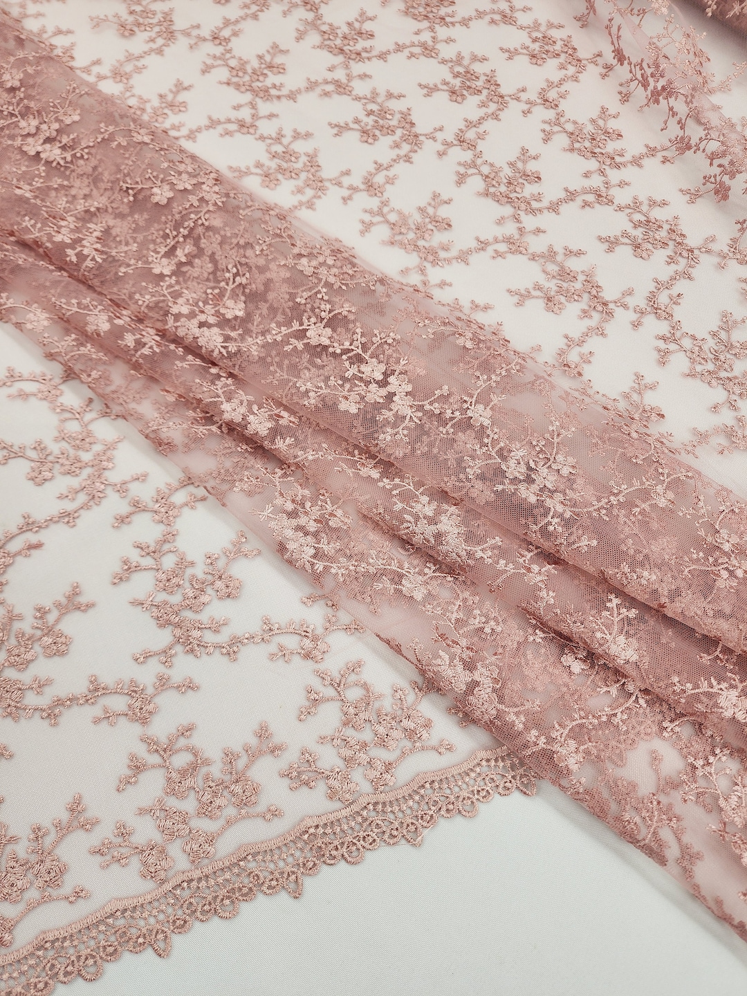 Blush Floral Embroidery on Mesh Lace Fabric by the Yard for Gown Capes