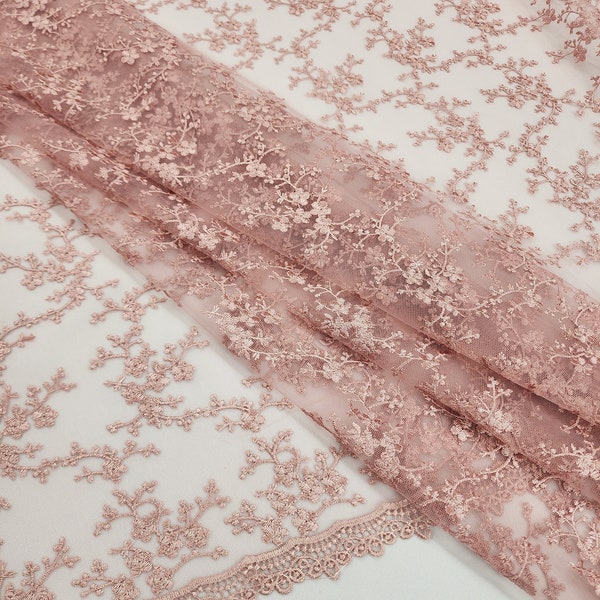 Blush floral Embroidery on Mesh Lace Fabric by the yard for Gown - Capes - Skirts - Garments - Small floral & Scalloped Lace - STYLE 263