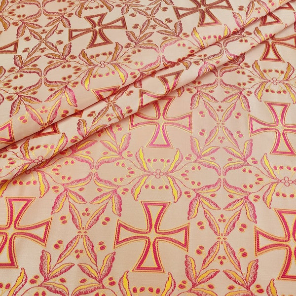 Ivory Coral Fuchsia Religious Brocade Fabric by the yard - Liturgical - Ecclesiastical - Jacquard - Church - Vestment - Cross - STYLE 223