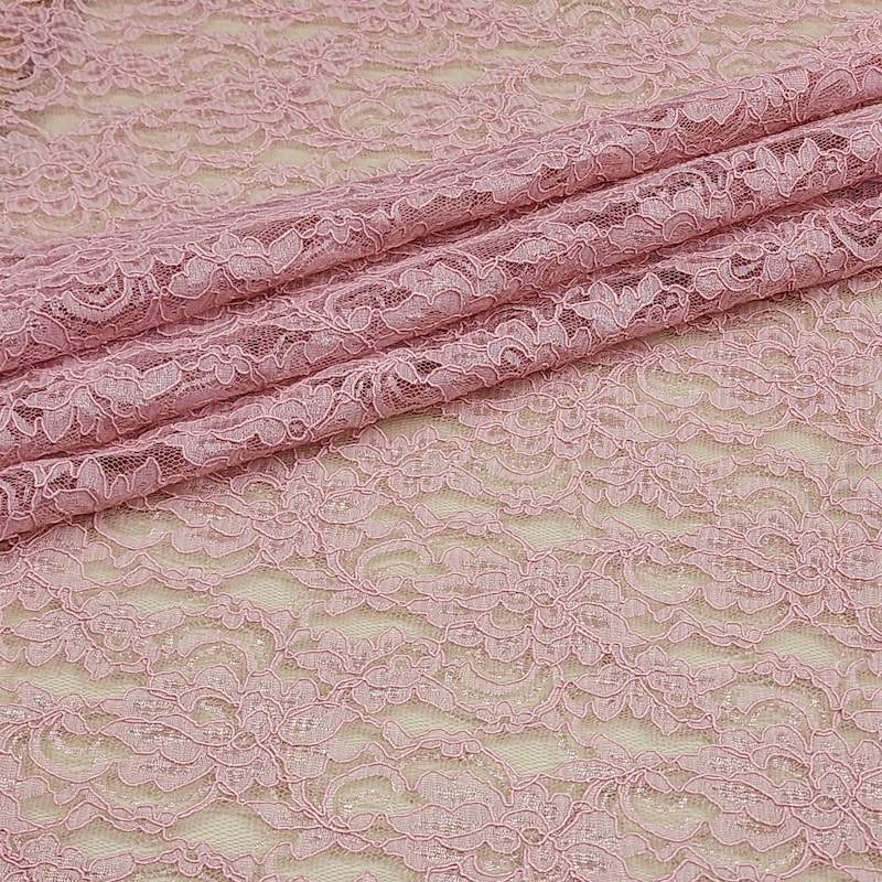 DUSTY ROSE DAMASK LACE EMBROIDERY ON A TEXTURE MESH-BY YARD. main image 0