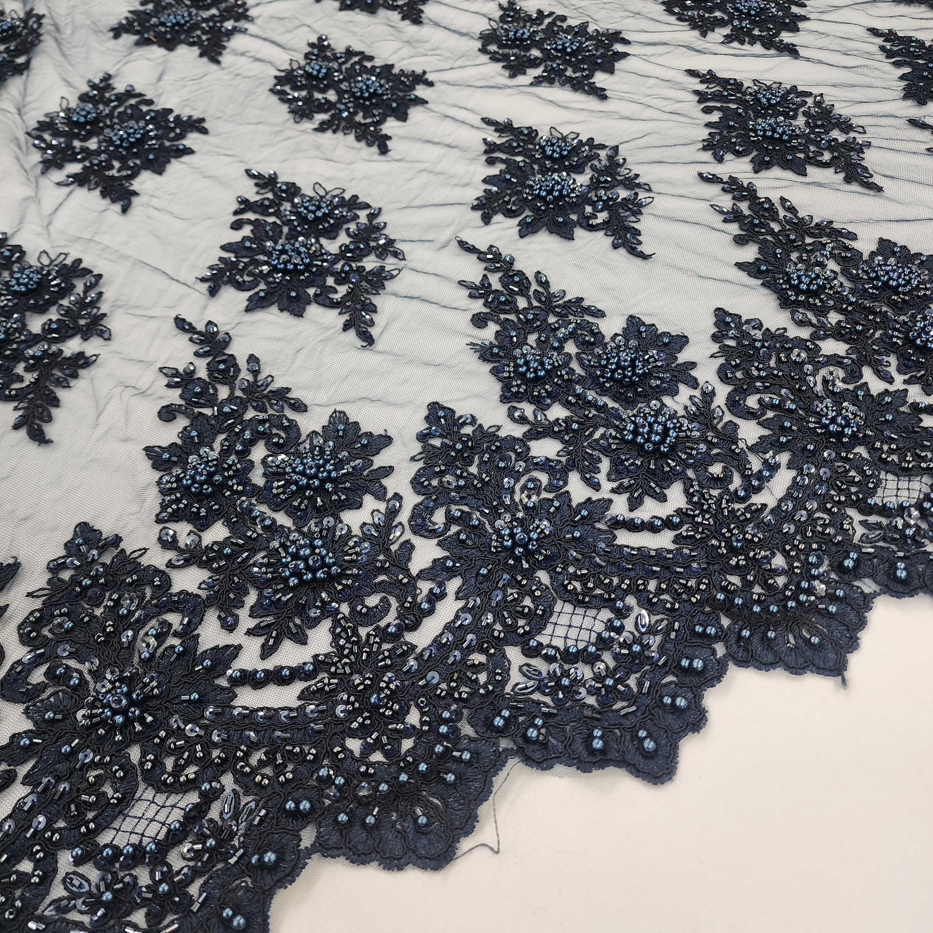Navy Blue Floral Embroidery With Beads and Sequins on Mesh Lace Fabric ...